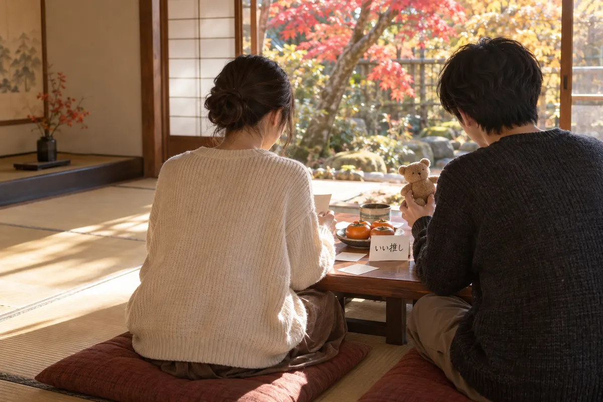 和室の座卓で推しについて語り合う二人の後ろ姿