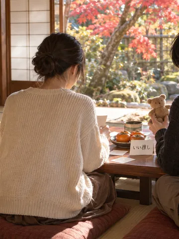 和室の座卓で推しについて語り合う二人の後ろ姿