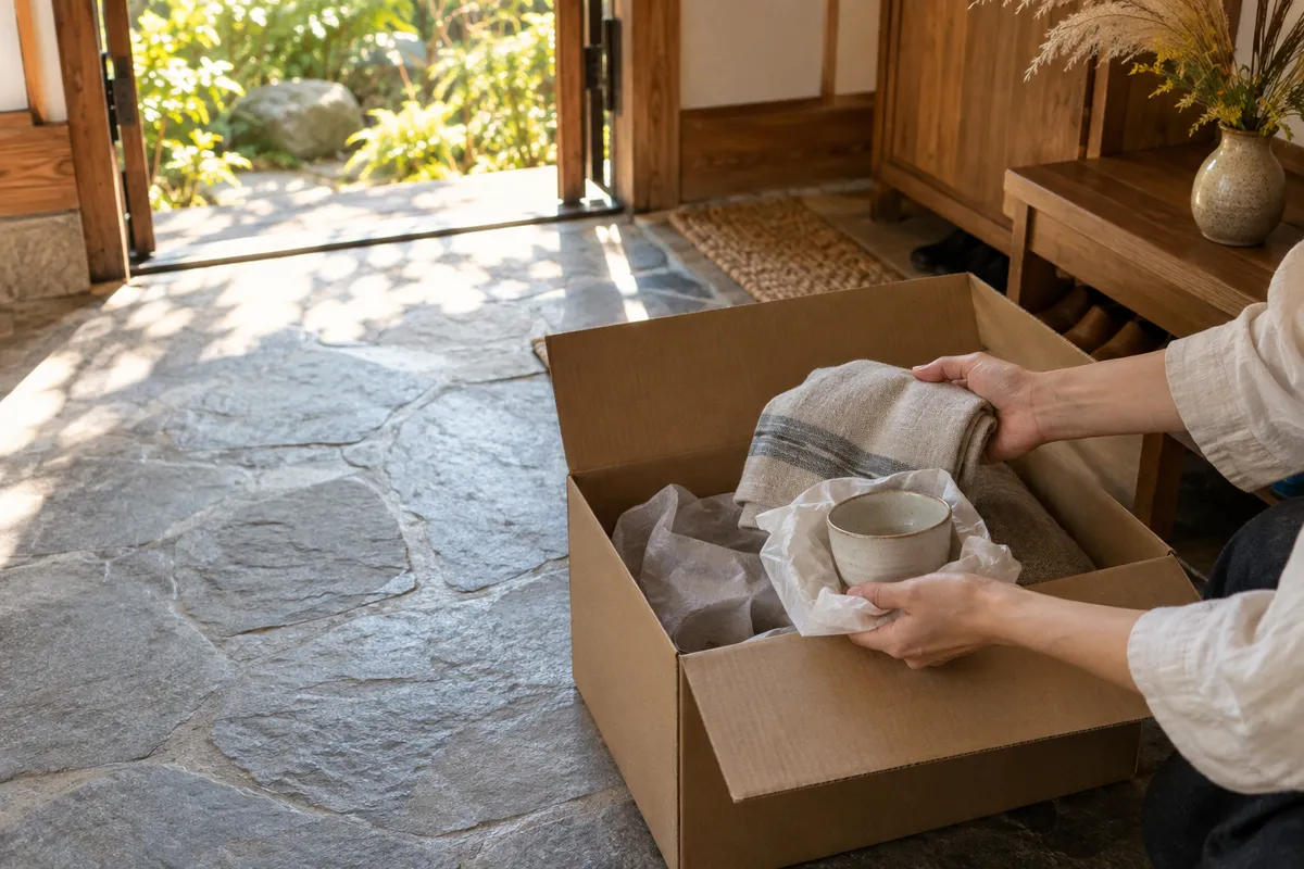 玄関で届いた段ボール箱を開ける手元