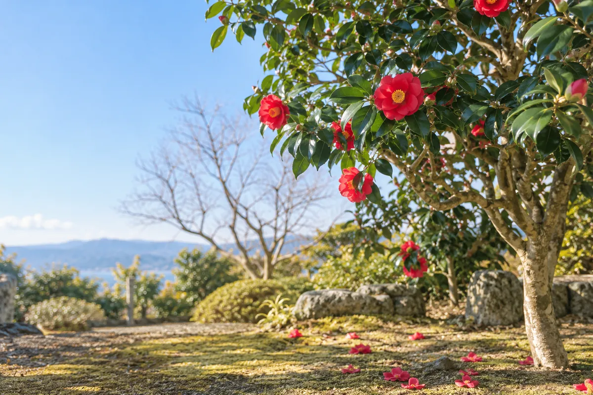青空の下で赤い椿の花が咲く冬の庭