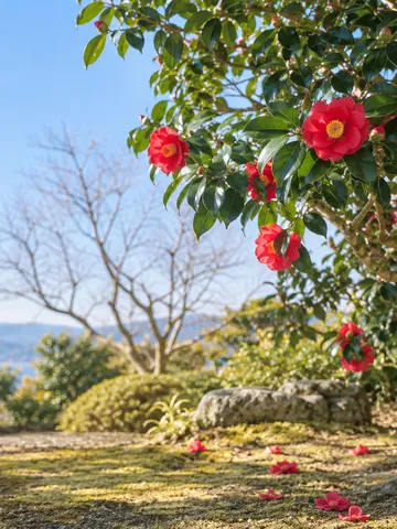 青空の下で赤い椿の花が咲く冬の庭