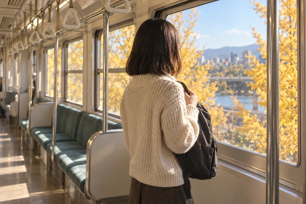 日だまりの電車で、リュックを前に抱えて立つ後ろ姿