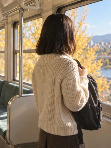 日だまりの電車で、リュックを前に抱えて立つ後ろ姿