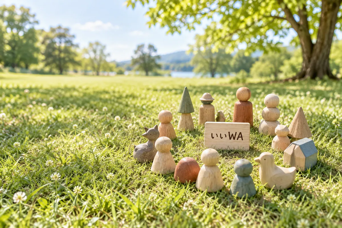 芝生に輪になった木の人形と「いいWA」の札