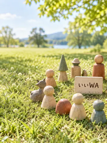 芝生に輪になった木の人形と「いいWA」の札
