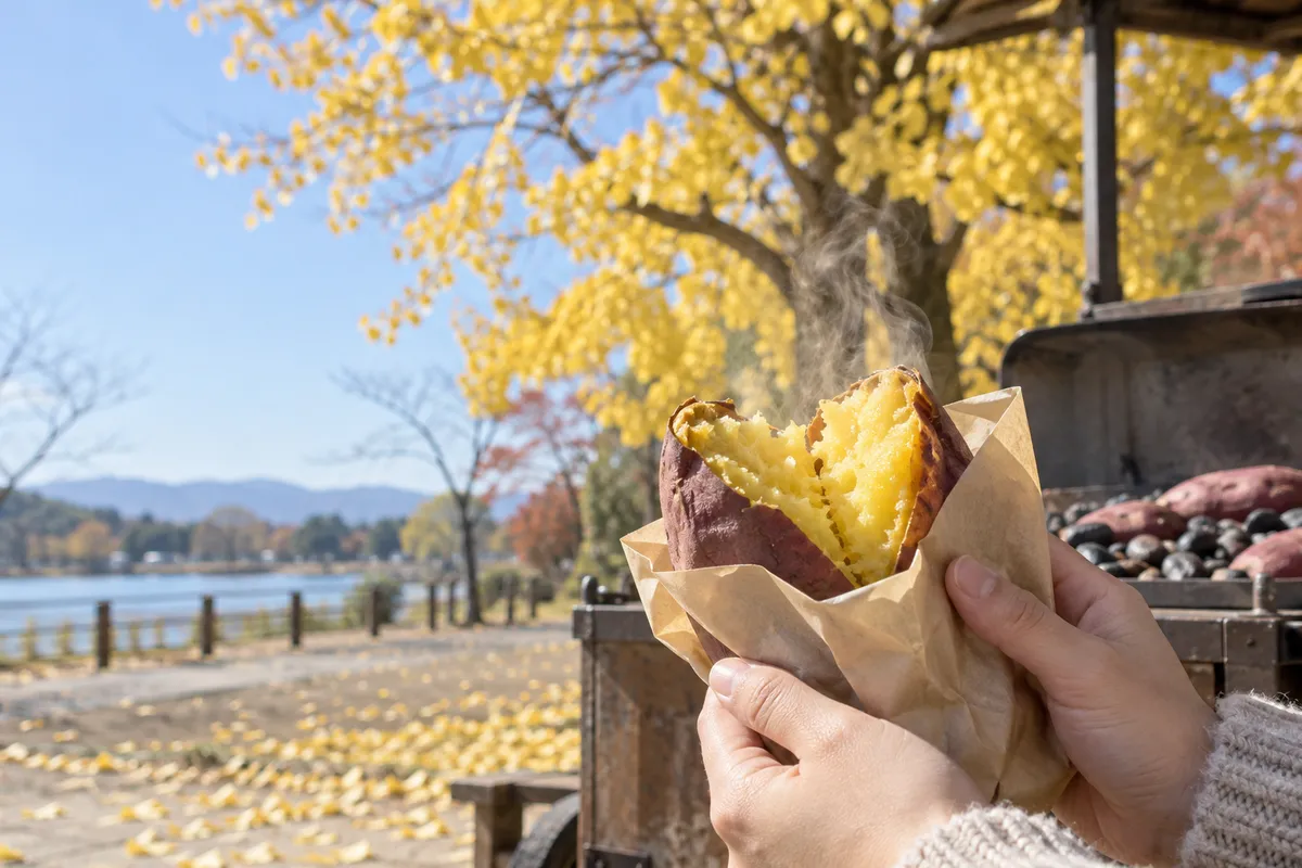 日なたで湯気の立つ割った焼き芋を持つ手元