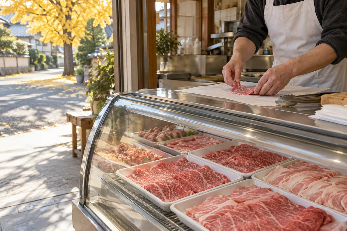 精肉店のケースに並ぶ薄切り肉と店主の手元