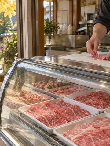 精肉店のケースに並ぶ薄切り肉と店主の手元