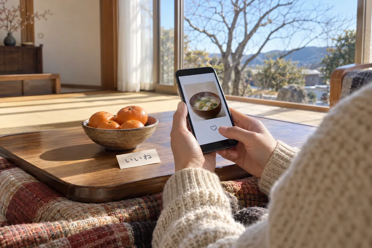 こたつでスマホを持つ手とみかん、「いいね」のカード