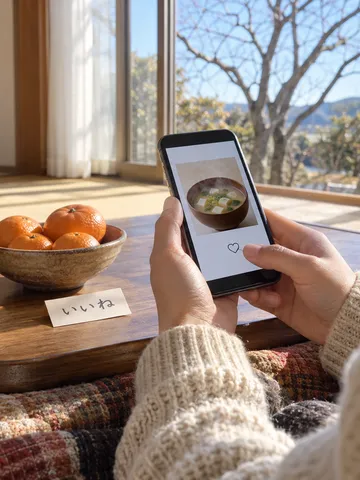 こたつでスマホを持つ手とみかん、「いいね」のカード