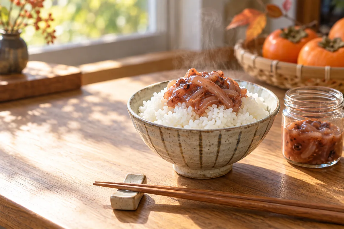 炊きたてのご飯にのったいか塩辛と小瓶
