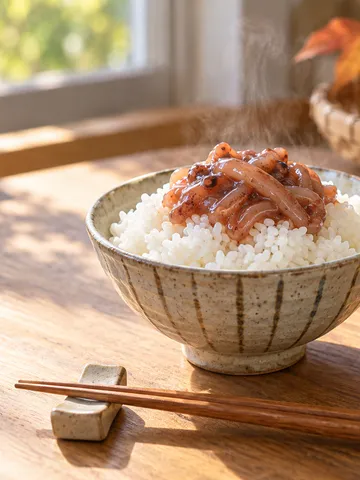 炊きたてのご飯にのったいか塩辛と小瓶