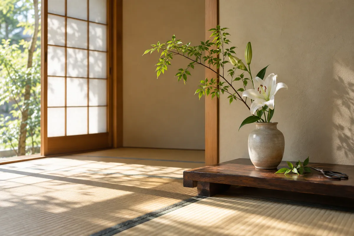和室の棚に生けられた白い花と枝のいけばな