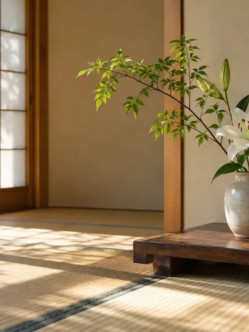 和室の棚に生けられた白い花と枝のいけばな