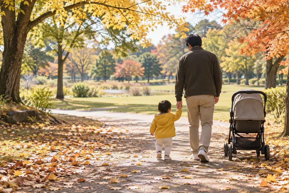 紅葉の公園を子どもと手をつないで歩く父親の後ろ姿