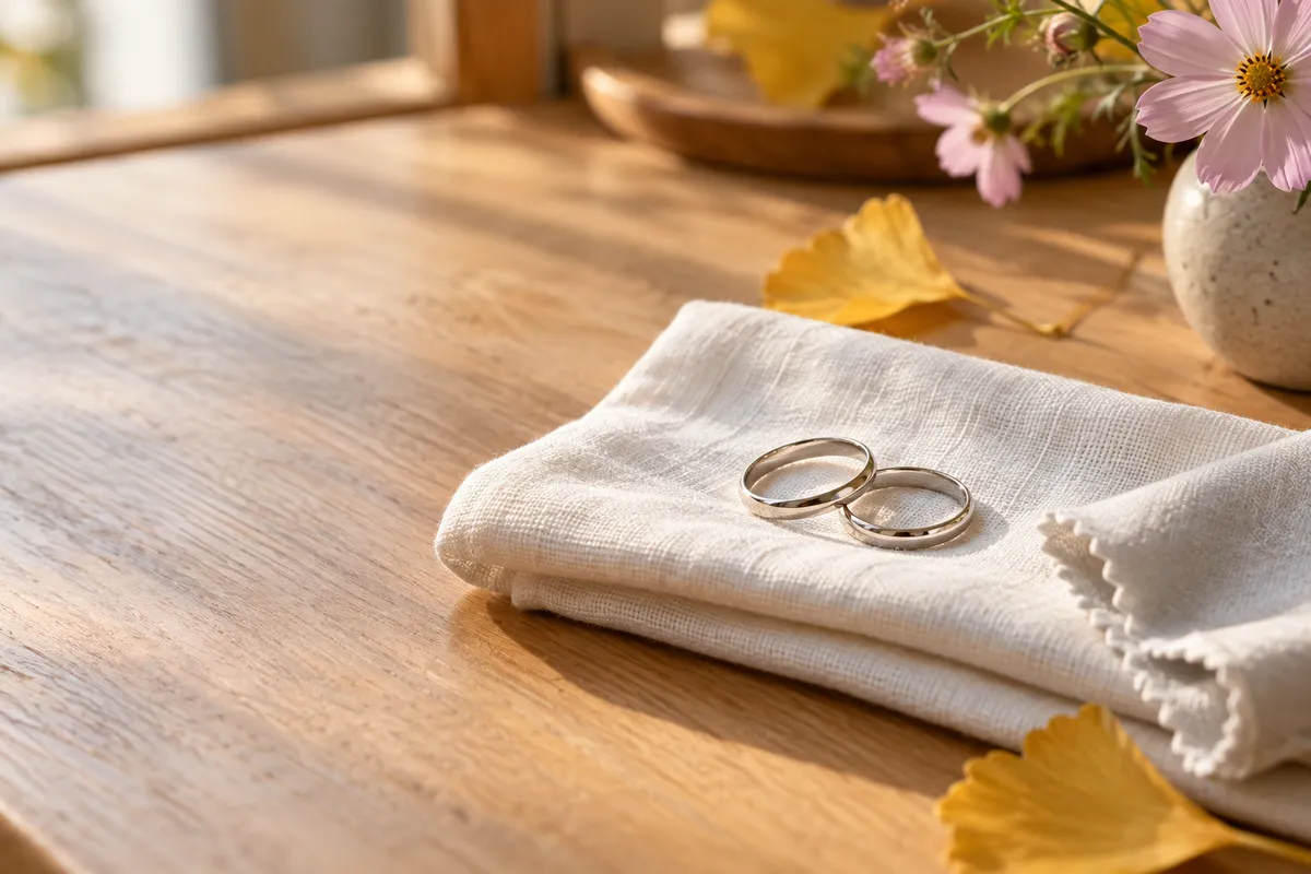 白い布の上に置かれた一対の結婚指輪