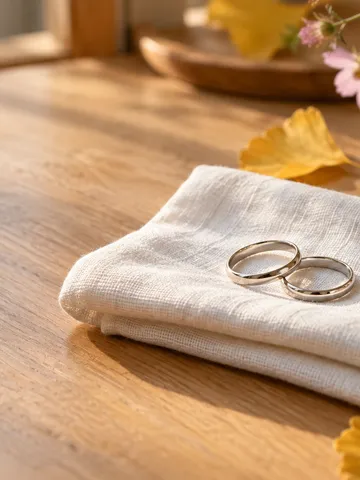 白い布の上に置かれた一対の結婚指輪