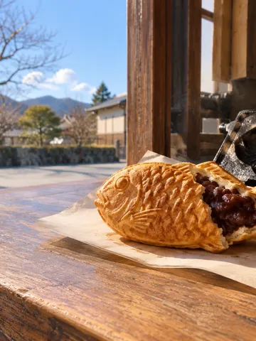 店先のカウンターに置かれたあんこたっぷりのたい焼き