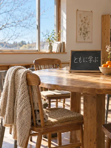 日なたの部屋の円卓と「ともに学ぶ」の黒板