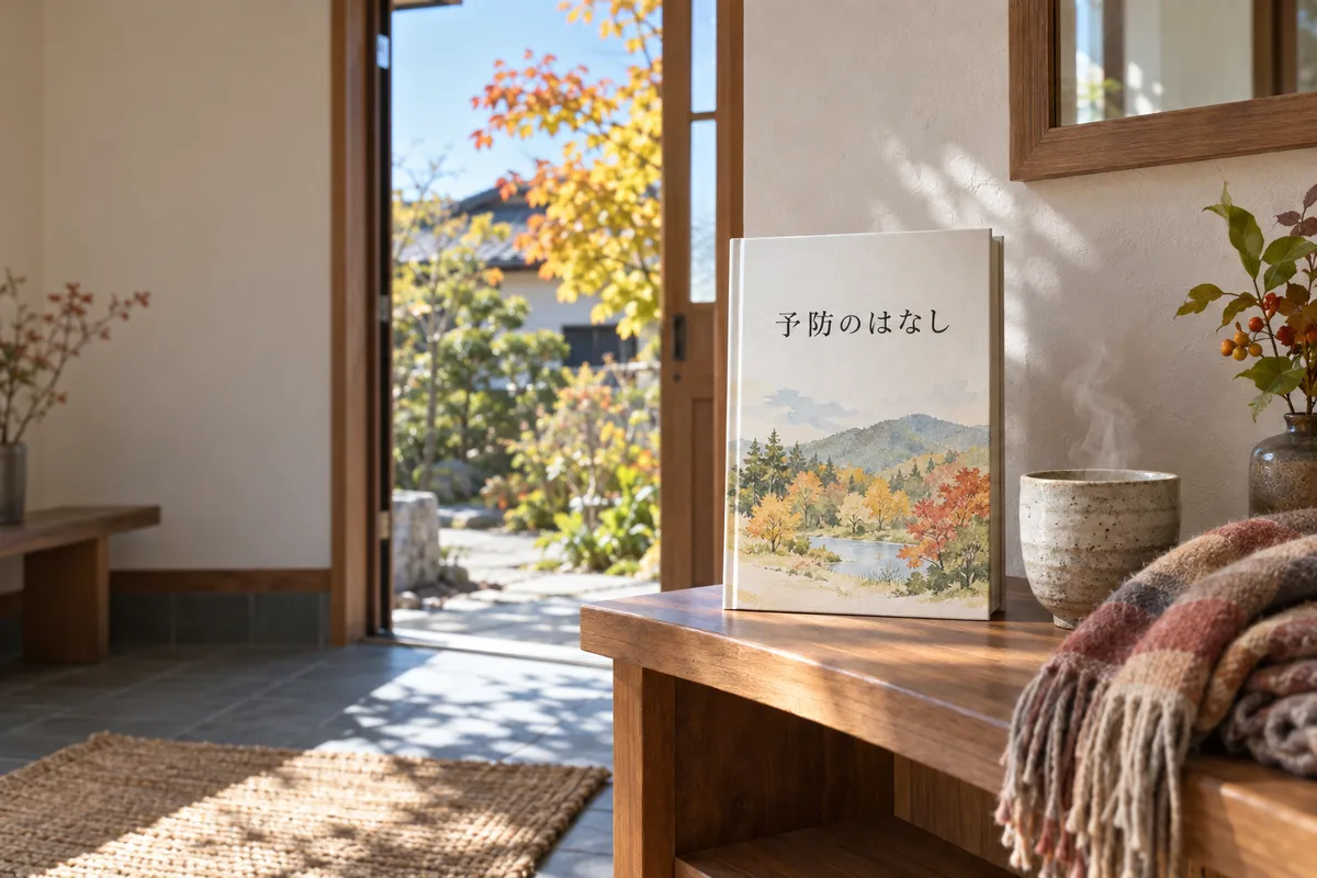 「予防のはなし」と書かれた本と白湯、スカーフ