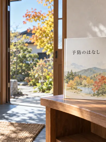 「予防のはなし」と書かれた本と白湯、スカーフ