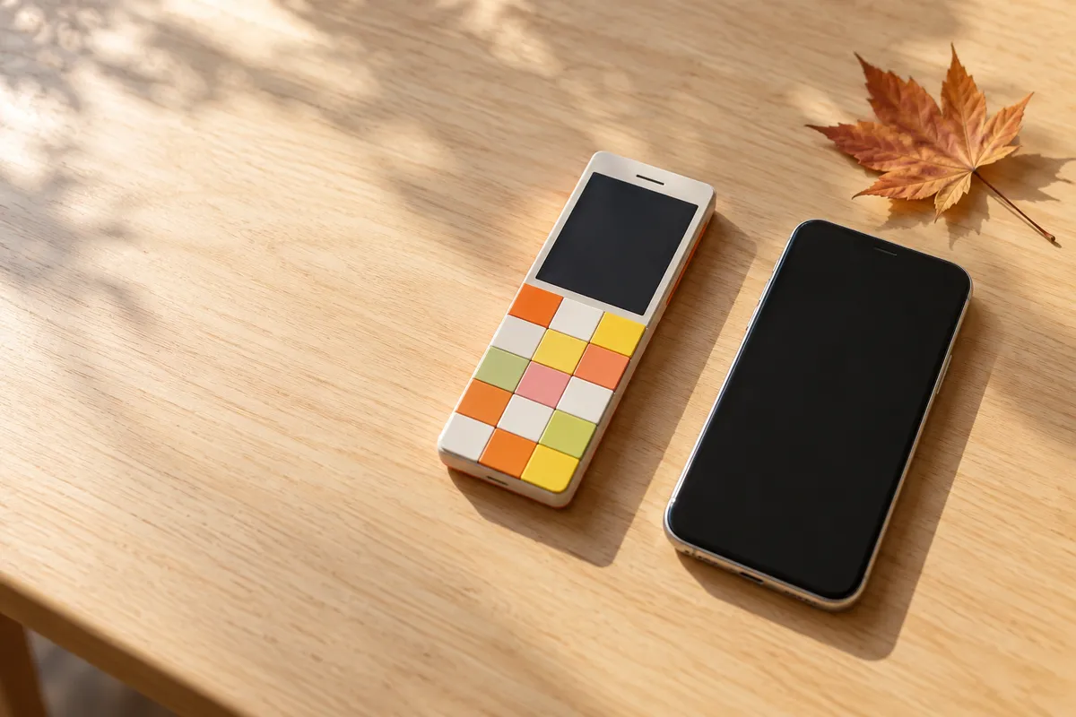 カラフルなタイル状ボタンの細身の携帯電話とスマートフォン