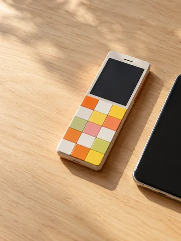 カラフルなタイル状ボタンの細身の携帯電話とスマートフォン
