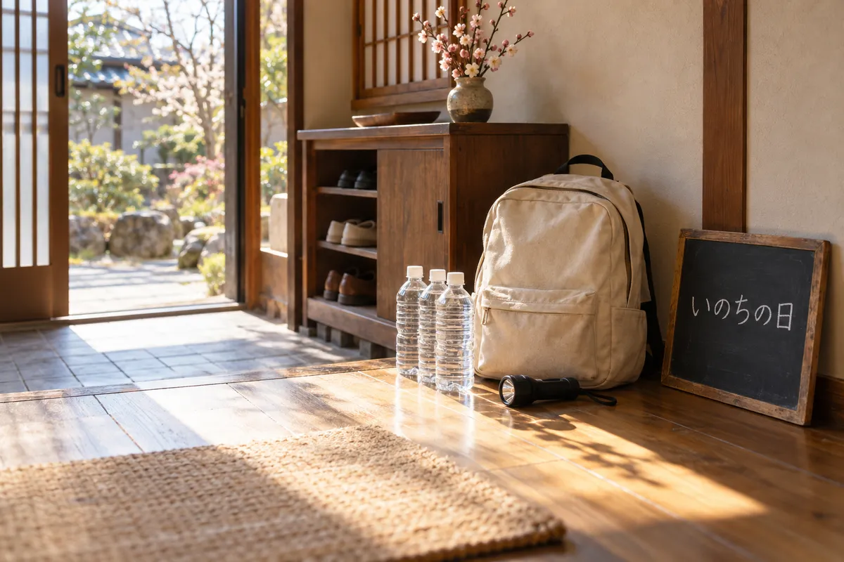 玄関に置かれた防災リュックと「いのちの日」の黒板