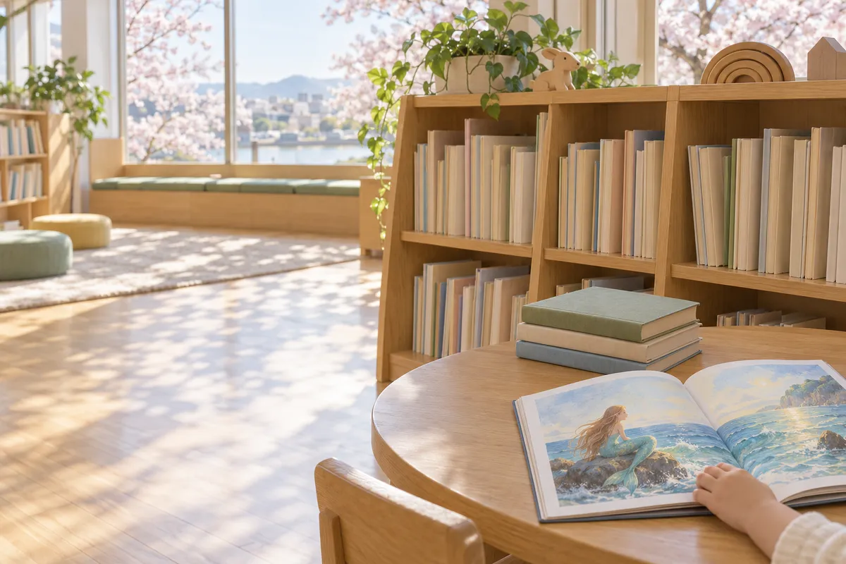 図書館の児童書コーナーで開かれた絵本と積まれた本