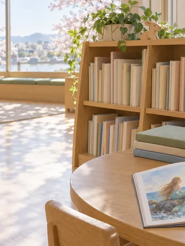 図書館の児童書コーナーで開かれた絵本と積まれた本