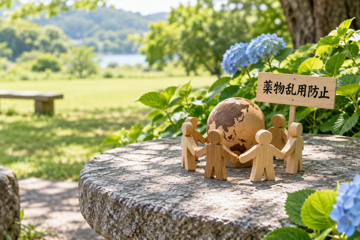 日なたの石のテーブルで地球儀を囲む木の人形と札