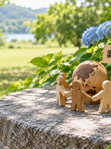 日なたの石のテーブルで地球儀を囲む木の人形と札