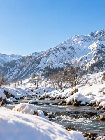 晴れた空の下、雪の山並みと手前を流れる小川