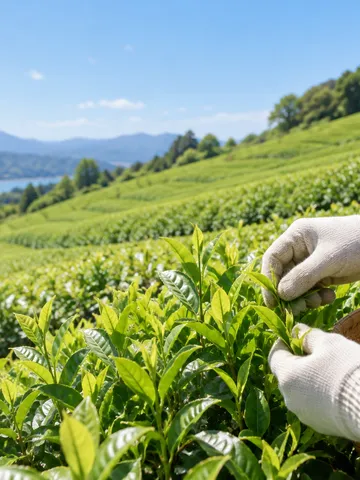 晴れた日の茶畑で新芽を摘む手元