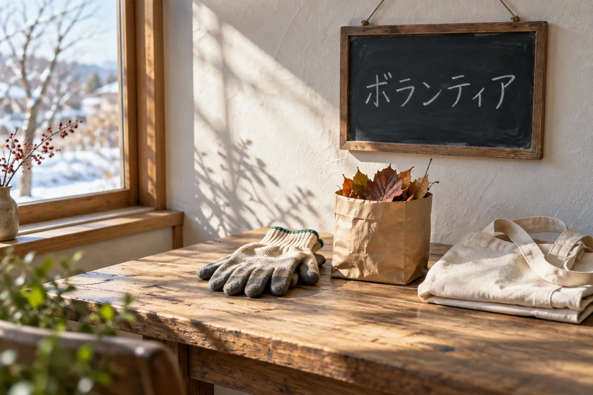 「ボランティア」と書かれた黒板と軍手のある窓辺