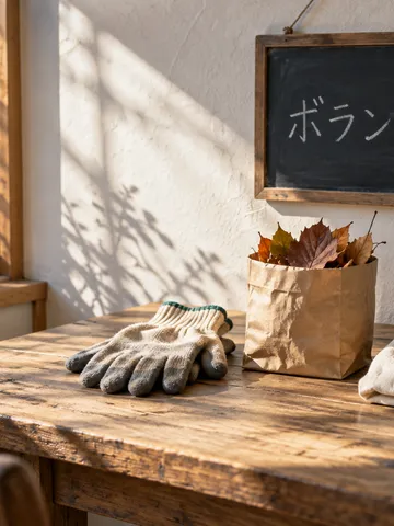 「ボランティア」と書かれた黒板と軍手のある窓辺