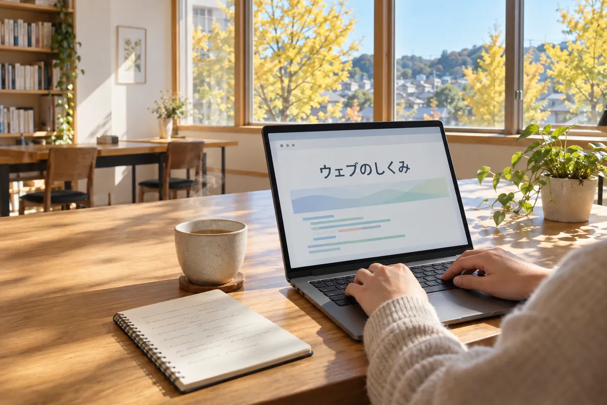 ノートPCにウェブのしくみと表示された学習室の机