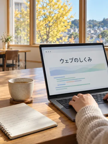 ノートPCにウェブのしくみと表示された学習室の机