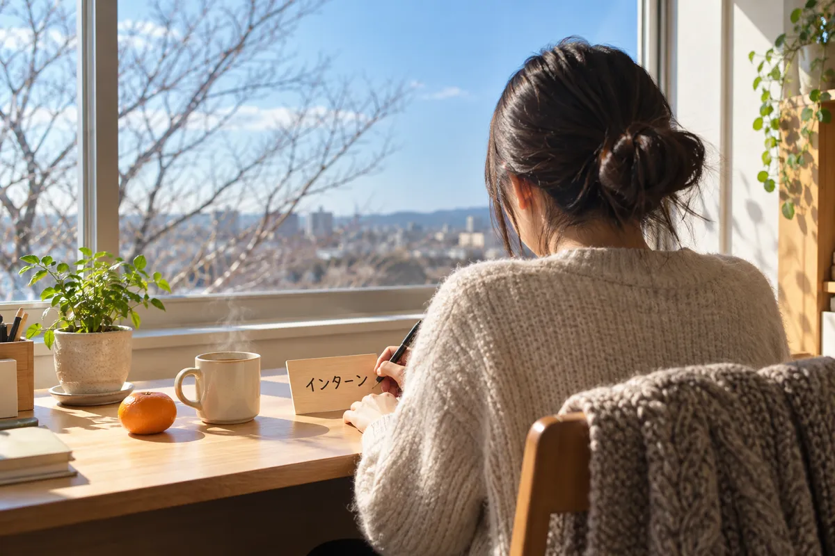 オフィスの机にある「インターン」の札と、冬の日差し