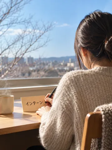 オフィスの机にある「インターン」の札と、冬の日差し