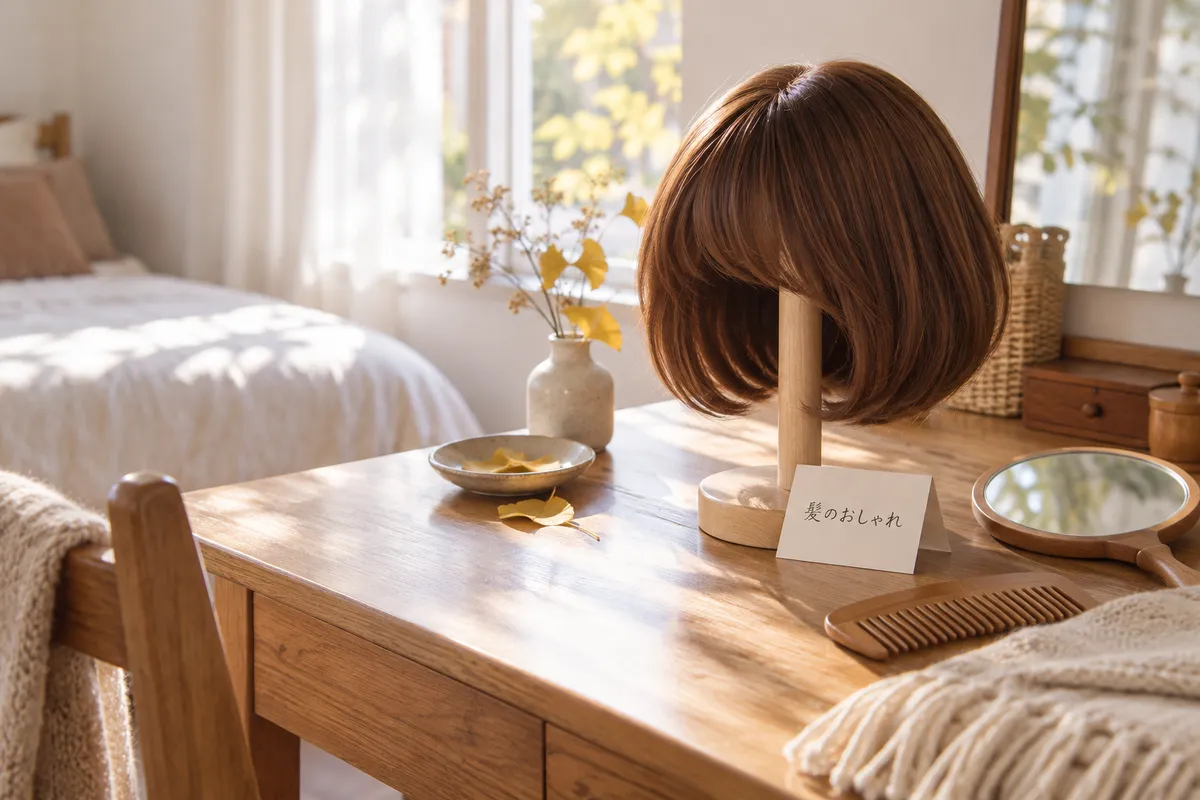 ウィッグスタンドの茶色いボブのウィッグと手鏡