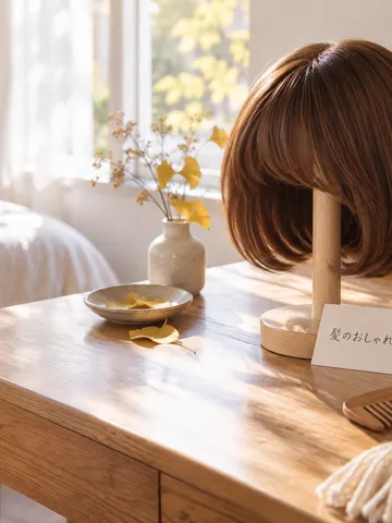 ウィッグスタンドの茶色いボブのウィッグと手鏡