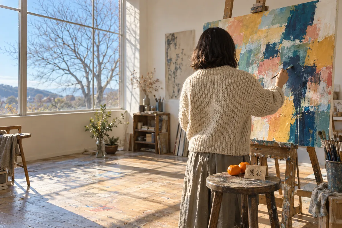 冬の日差しのアトリエで色鮮やかな抽象画を描く後ろ姿
