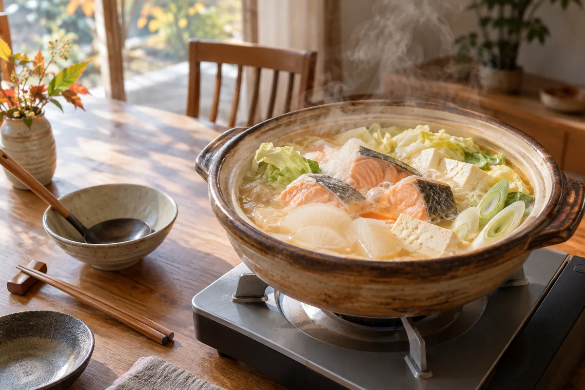 味噌仕立ての石狩鍋が湯気を立てる食卓