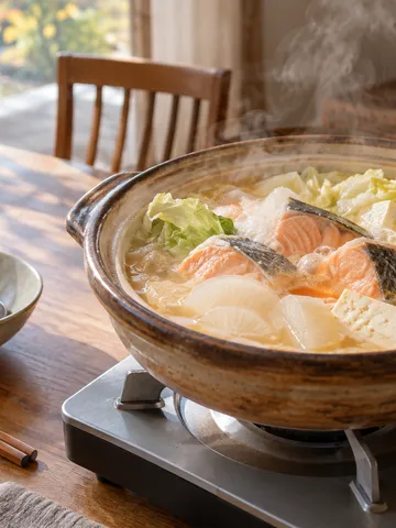 味噌仕立ての石狩鍋が湯気を立てる食卓