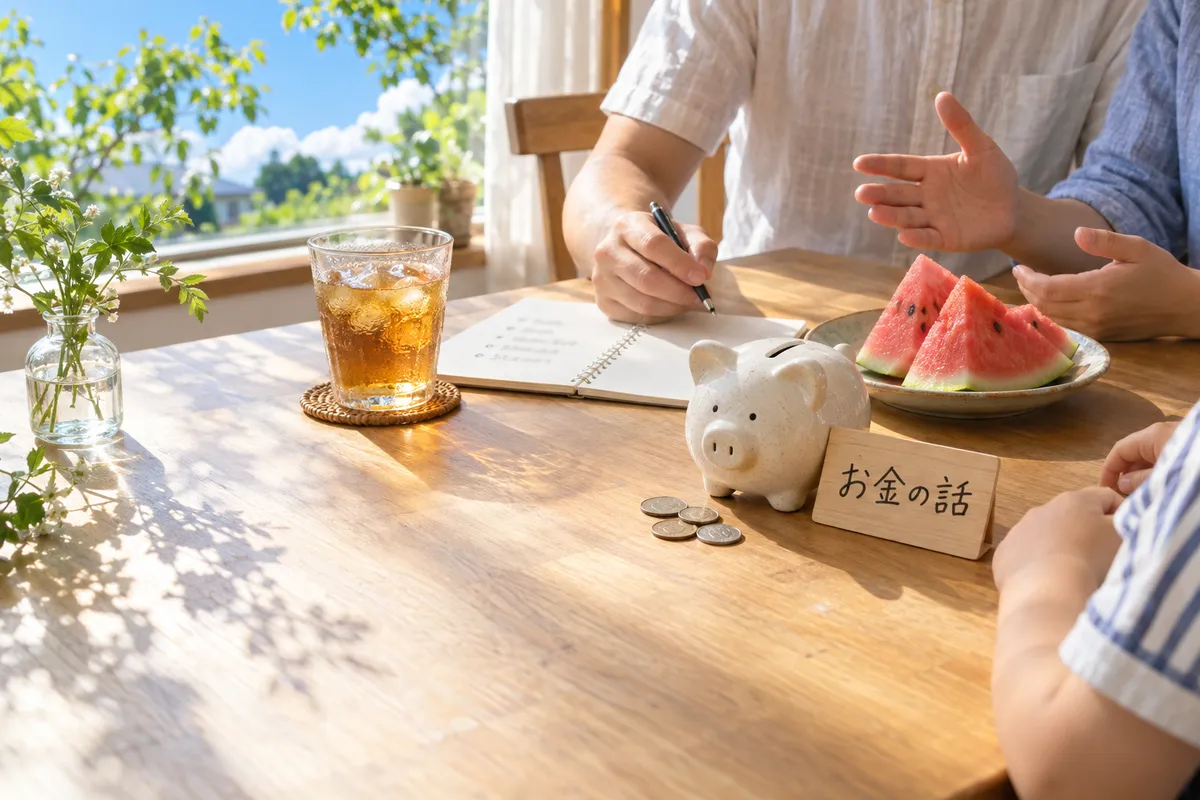 家族の手元と貯金箱、「お金の話」の札がある食卓