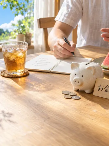 家族の手元と貯金箱、「お金の話」の札がある食卓