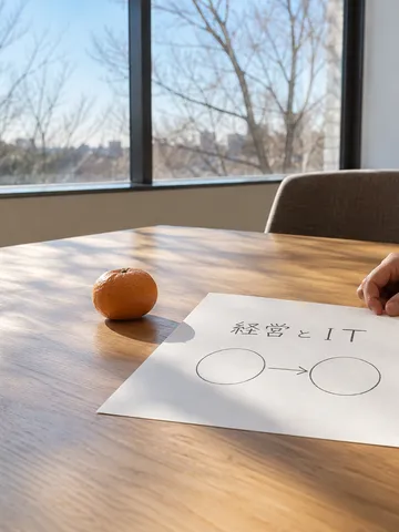 「経営とIT」と書かれた紙と冬の日差しの会議室