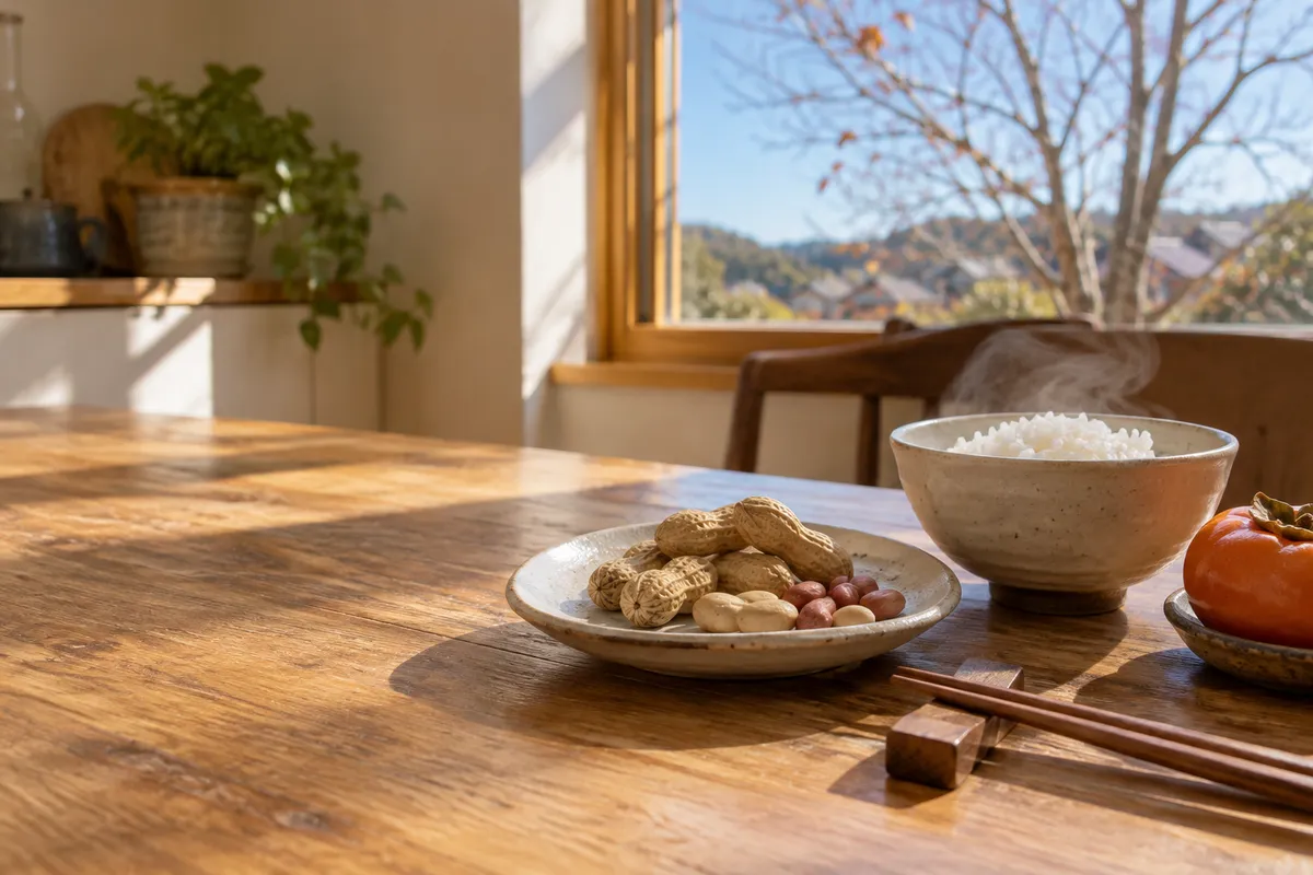 日なたの食卓に置かれた落花生とご飯と箸