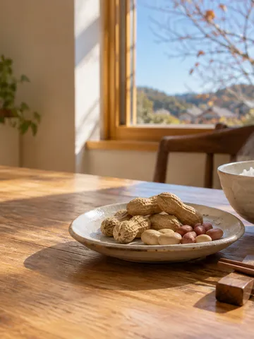 日なたの食卓に置かれた落花生とご飯と箸
